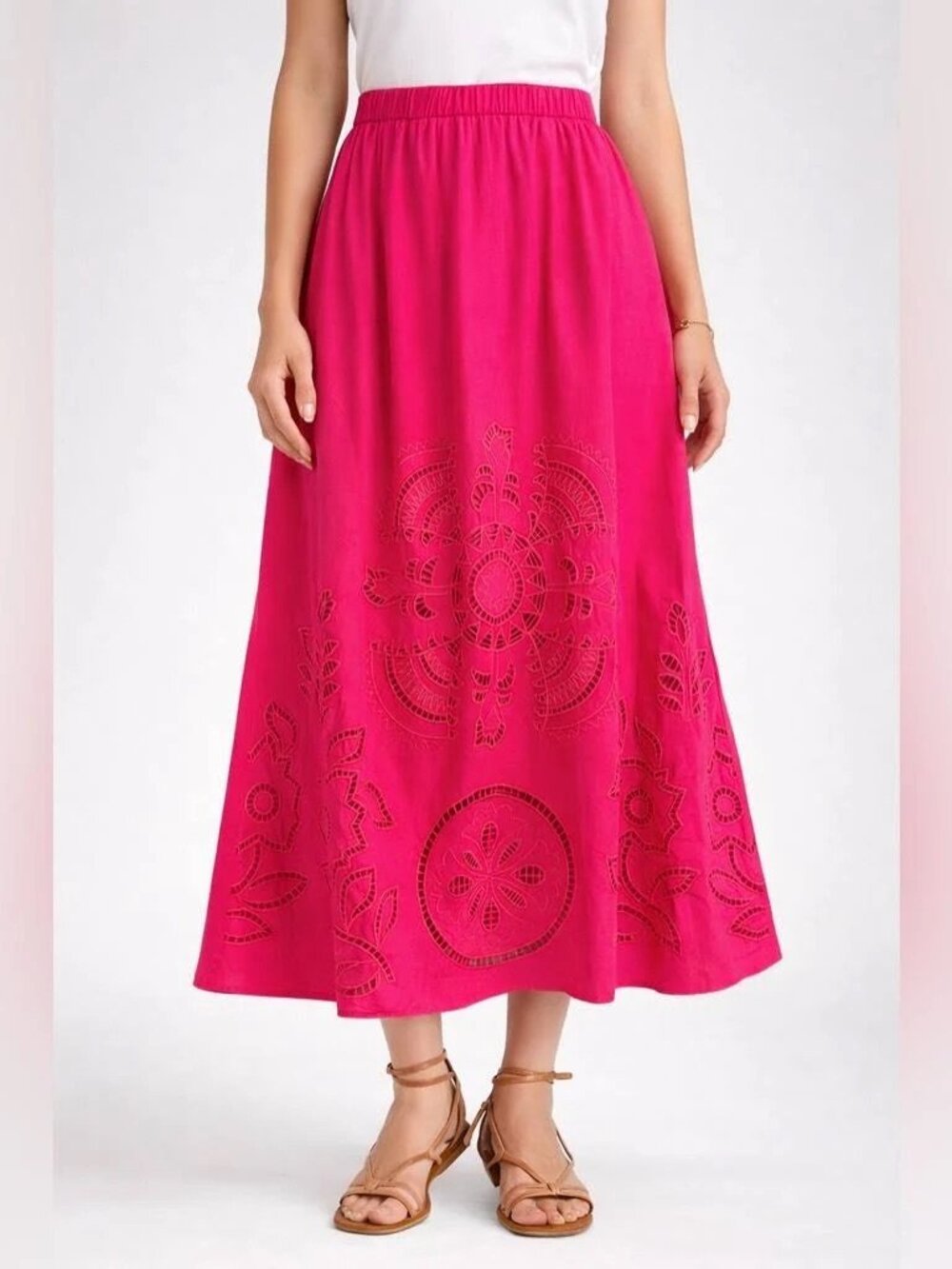 MISA Los Angeles Pink Embroidered Cutout Eyelet Midi Skirt Size Medium NWT